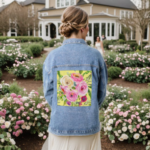 Veste En Jean Roses aquarelles roses et rouges sur fond jaune