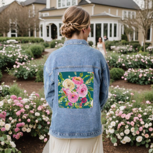 Veste En Jean Roses aquarelles roses et rouges sur sarcelle