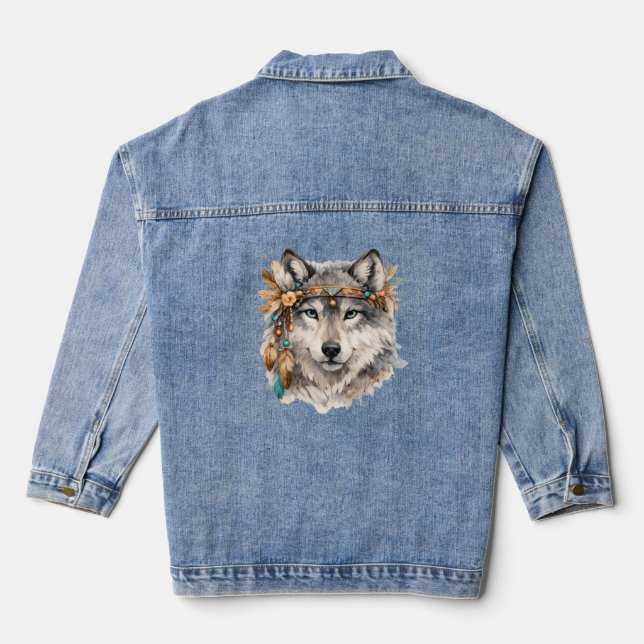 Veste En Jean Sweat à capuche zippé brodé portrait Loup Boho (Verso)