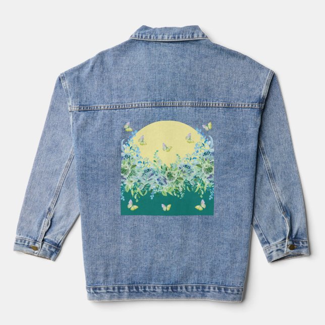 Veste En Jean Teal Green Floral Butterfly Denim Jacket (Verso)