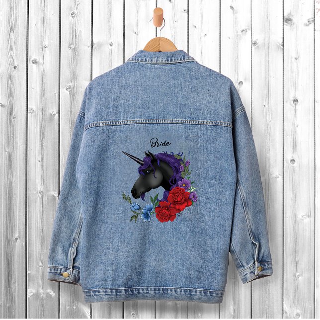 Veste En Jean Unicornes Noires Fleurs de Sage Rouge Violet (Créateur téléchargé)