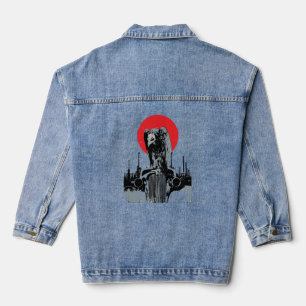 Veste En Jean Vautour sur voiture ancienne avec soleil rouge