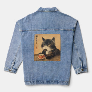 Veste En Jean Vintage Japon art chat mignon avec une tasse de ca