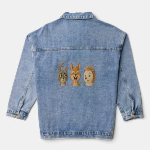 Veste En Jean Visages Fantaisistes de la Forêt – Animaux Brodé M