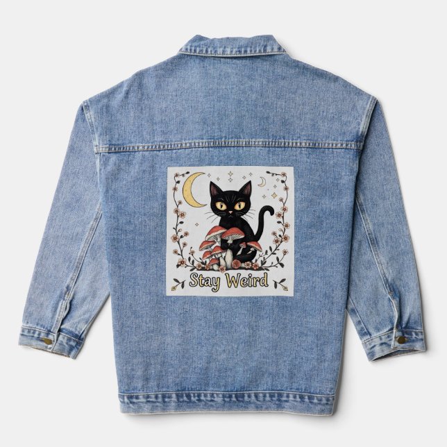 Veste En Jean Whimsical noir cat framed by red mushrooms and pal (Verso)