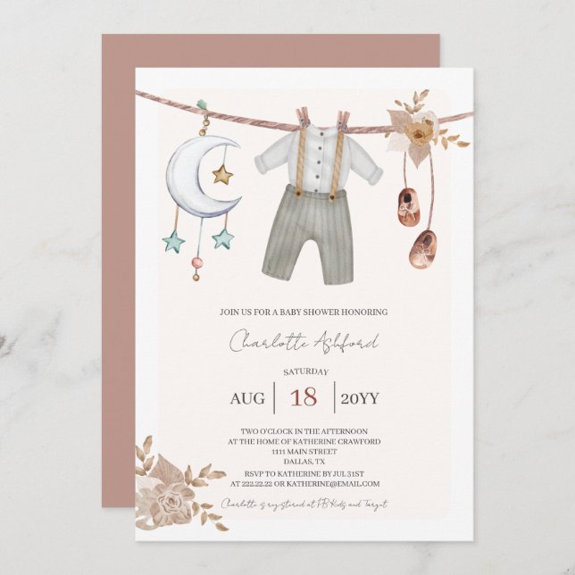 Vêtements bébé Boho Baby shower Invitation (Devant / Derrière)