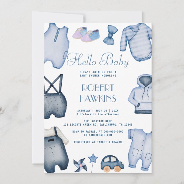 Vêtements Boho bleu Boy Baby shower Invitation (Devant)