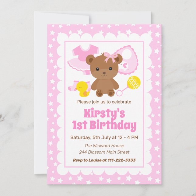 Vêtements d'ours en peluche fille rose Invitation  (Devant)