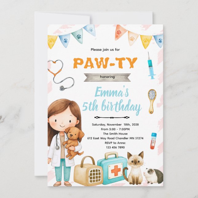 Veterinary birthday theme party invitation (Devant)