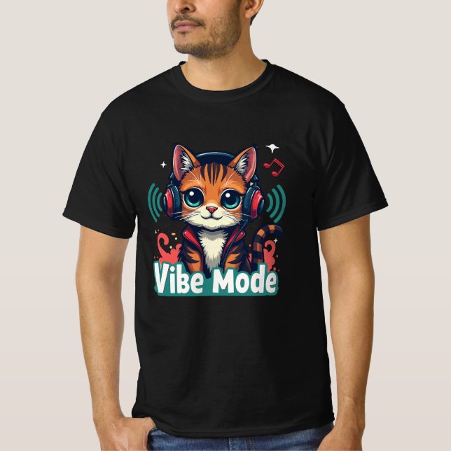 Vibe Mode" Cute Cartoon Cat T-Shirt | (Devant)