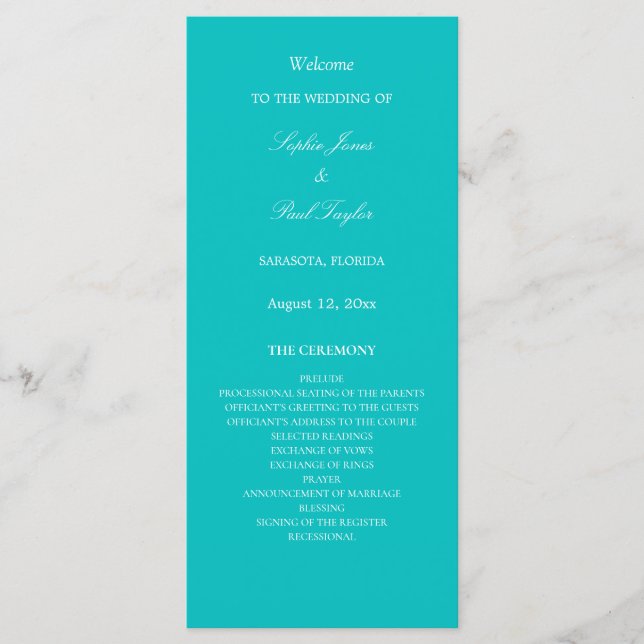 Vibrant Aqua Wedding Programme (Devant)