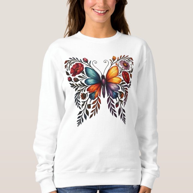 Vibrant Butterfly Floral Art Women’s Sweatshirt (Devant)