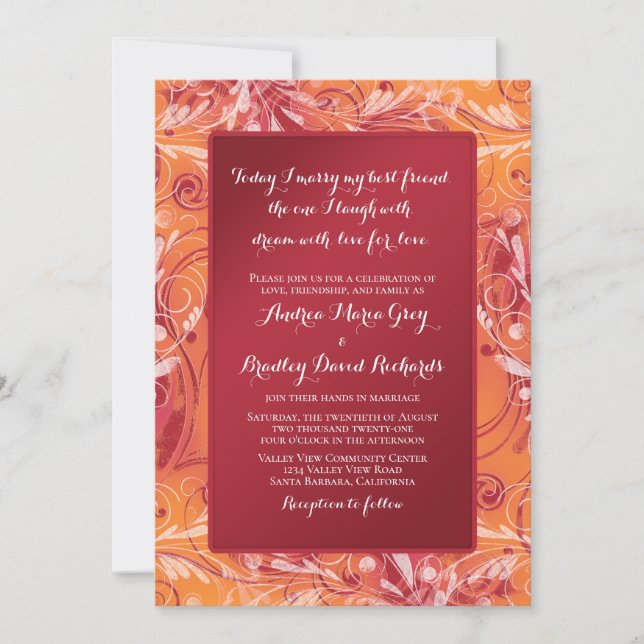 Vibrant Faire-part de mariage floral rouge et oran (Devant)