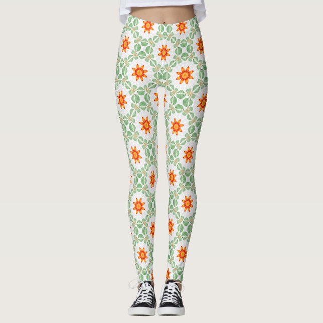 Vibrant Green & Orange Floral Leaf Pattern Legging (Devant)