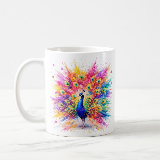 Vibrant Holi Peacock Watercolor Art Coffee Mug (Gauche)