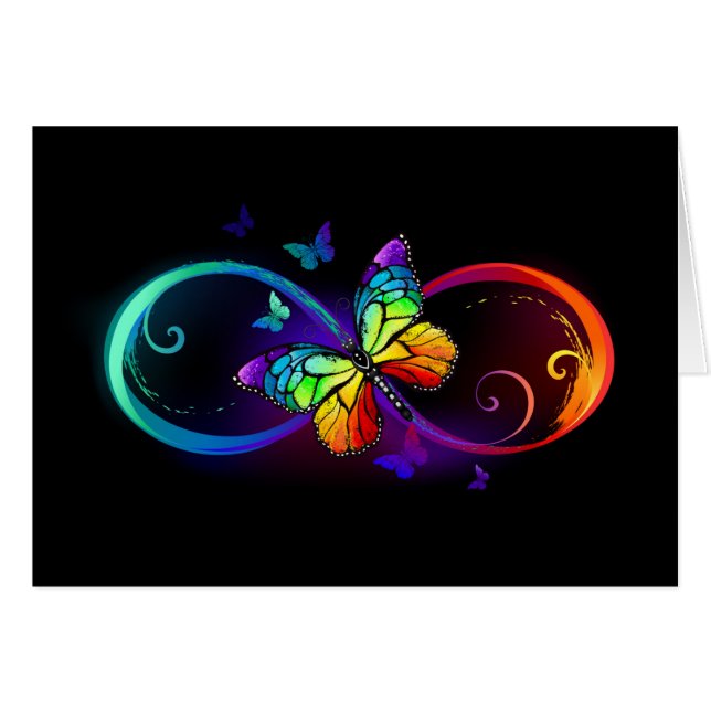 Vibrant infinity with rainbow butterfly on black (Devant Horizontal)