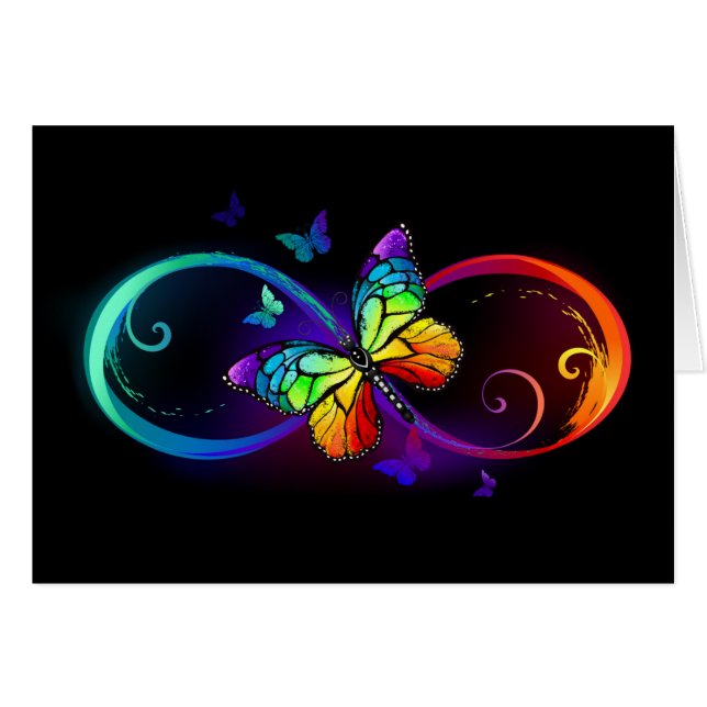 Vibrant infinity with rainbow butterfly on black (Devant horizontal)