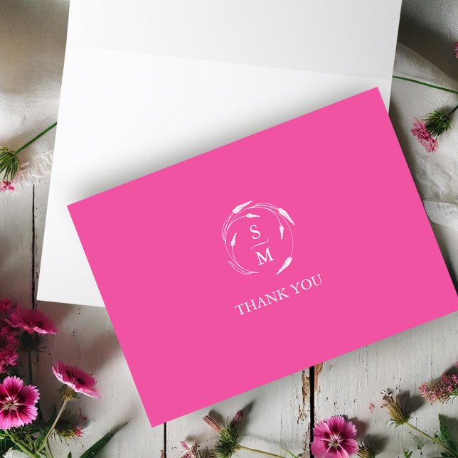 Vibrant Mariage rose Merci Cartes Modèles (Wedding thank you card vibrant pink floral line art by Victoria Grigaliunas Do Tell A Belle)