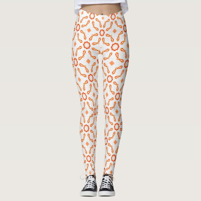 Vibrant Orange-Red Floral & Bow Pattern Leggings (Devant)