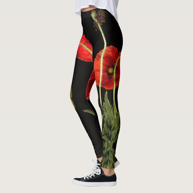 Vibrant Poppies Rouges Sur Les Leggings Noirs (Gauche)