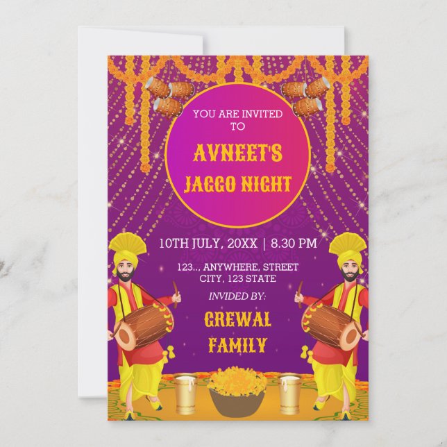 Vibrant Punjabi Jaggo Night Invitation Card (Devant)