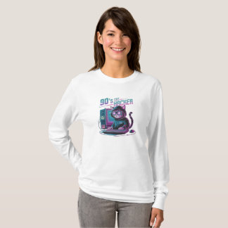 Vibrant Retro 90s Cat Hacker Long Manches T-Shirt