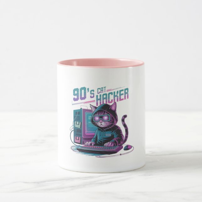 Vibrant Retro 90s Cat Hacker Mug (Centre)