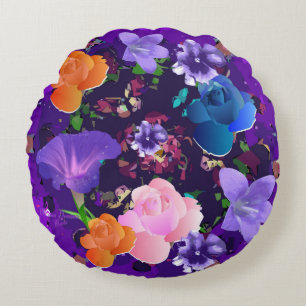 Vibrant violet Abstrait Floral Coussin ronde