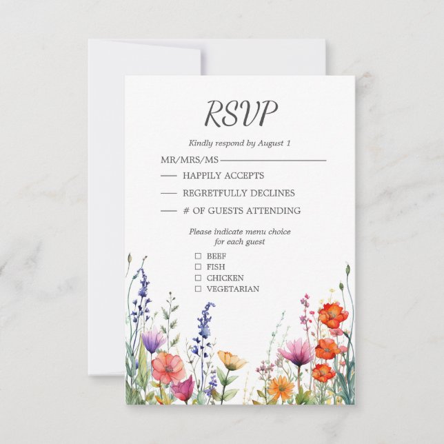 Vibrant Wildflowers Elegant Wedding RSVP Card (Devant)