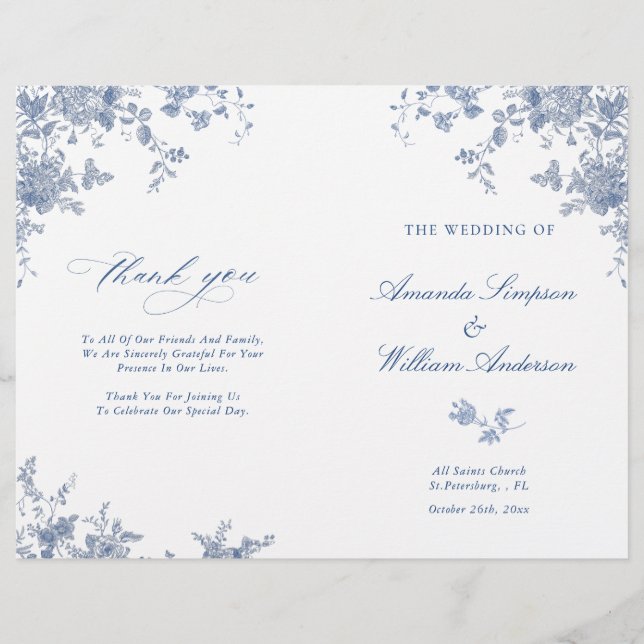 Victorian Blue Floral Mariage Cérémonie Programme (Devant)