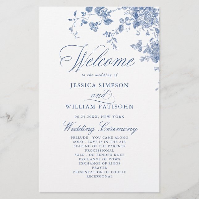 Victorian Blue Floral Mariage Cérémonie Programme (Devant)