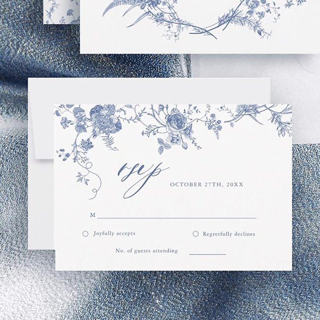 Victorian Classic Blue Floral Wedding Carte RSVP (Créateur téléchargé)