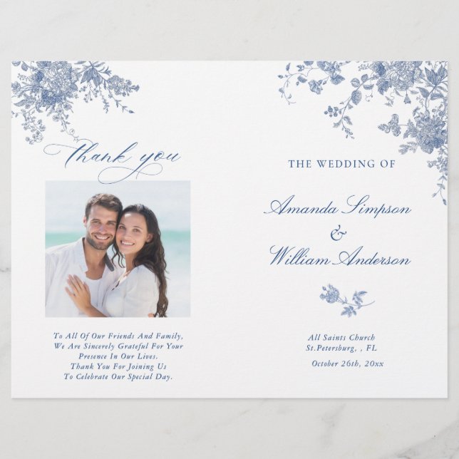 Victorian Dusty Blue Floral Mariage programme phot (Devant)