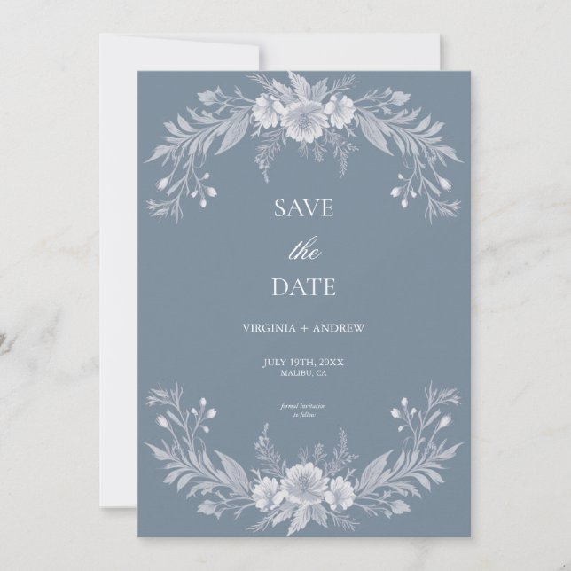 Victorian Dusty Blue Floral Wedding Save The Date (Devant)