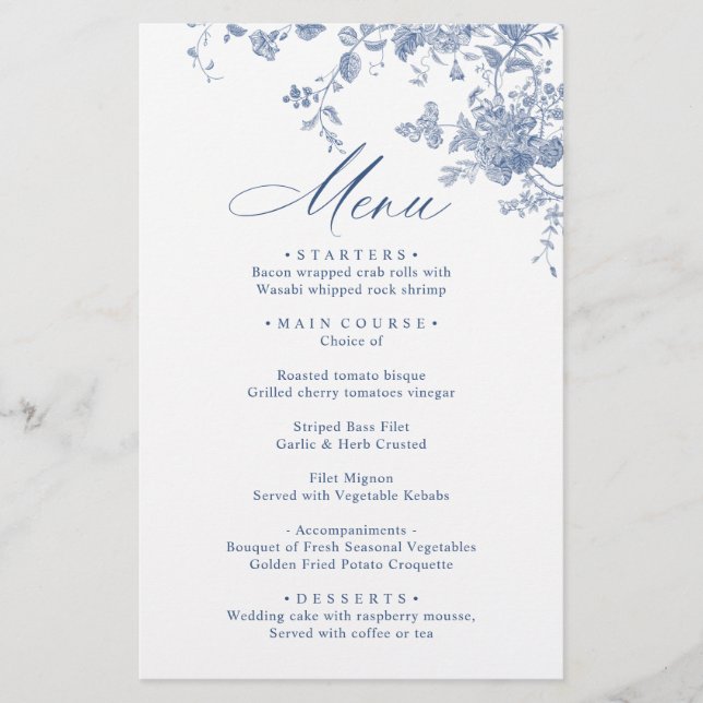 Victorian Dusty Blue French Garden Wedding Menu (Devant)