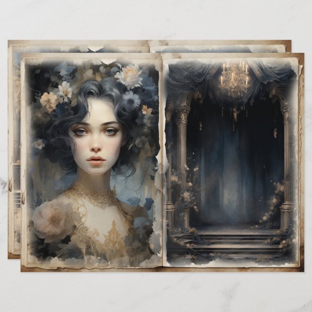 Victorian Ladies Balcony Blue Junk Journal Pages (Devant / Derrière)