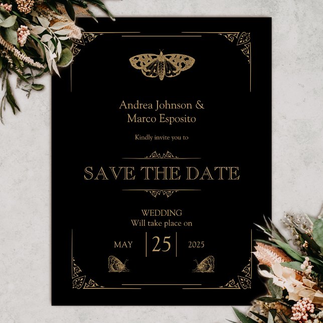 Victorian Moth Black Gothic Wedding Enregistrer la (Gothic Moth Tattoo Wedding Save the date Vintage)