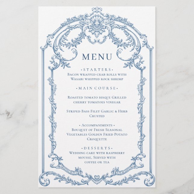 Victorian Ornate Grace Dusty Blue Menu Mariage (Devant)