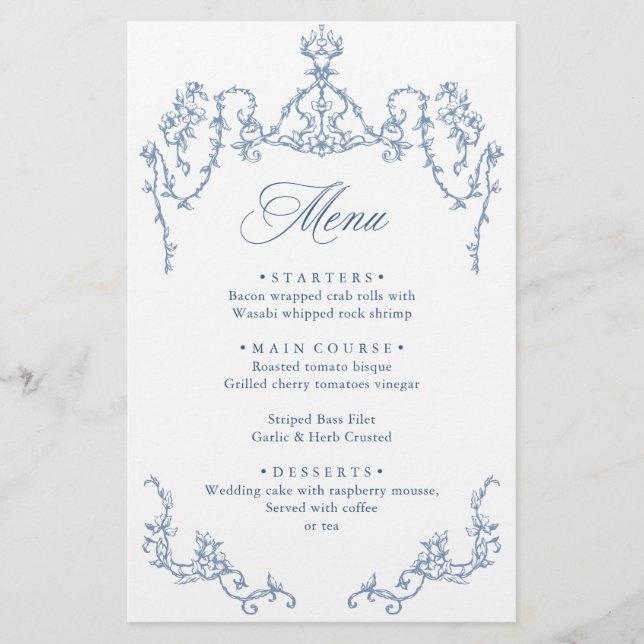 Victorian Ornate Grace Dusty Blue Menu Mariage (Devant)