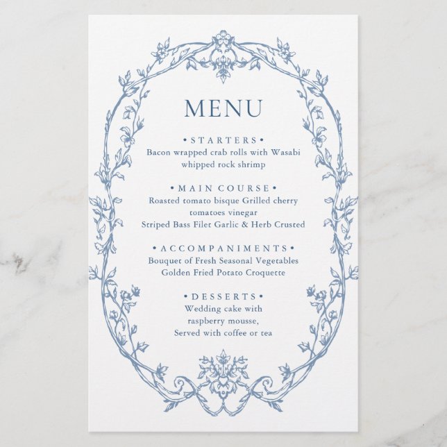Victorian Ornate Grace Dusty Blue Menu Mariage (Devant)