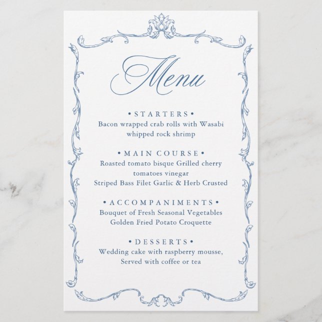 Victorian Ornate Grace Dusty Blue Menu Mariage (Devant)