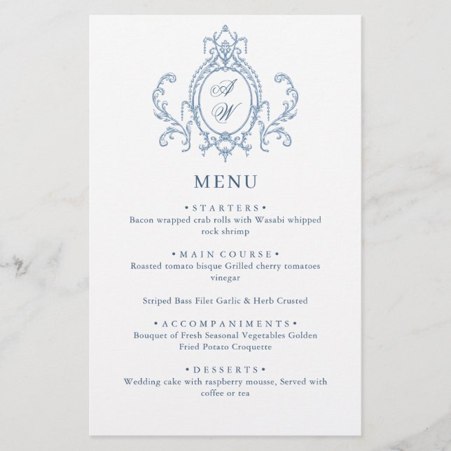 Victorian Ornate Grace Dusty Blue Menu Mariage (Devant)
