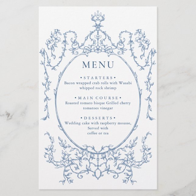 Victorian Ornate Grace Dusty Blue Menu Mariage (Devant)