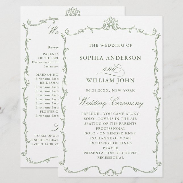 Victorian Sage Green Mariage Cerememing Programme (Devant / Derrière)