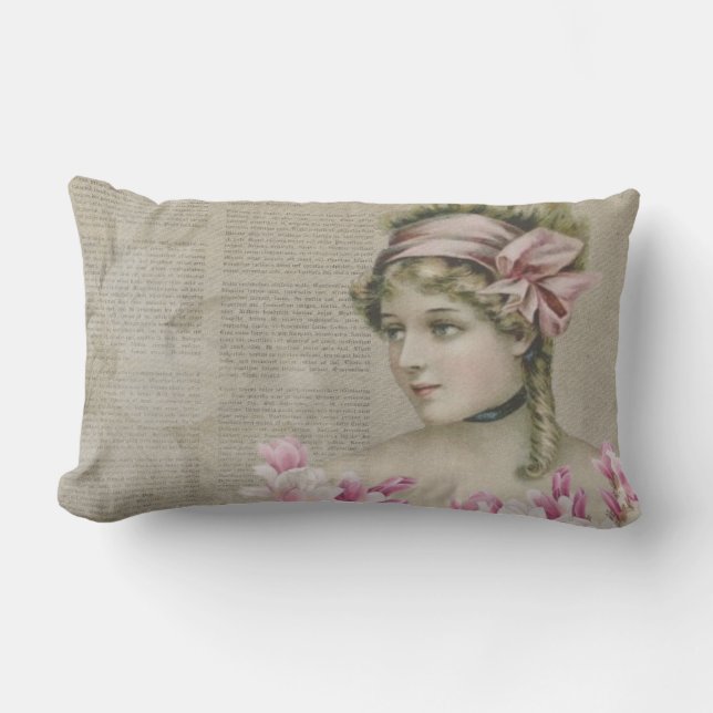 Victorian Steampunk Lady Newspaper Lumbar Coussin (Recto)