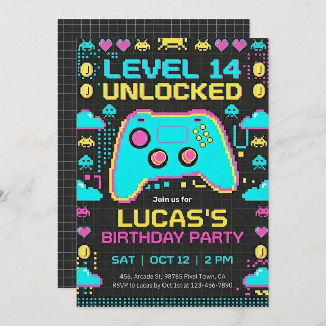=Video Game Birthday Invitation Pixel Gamer Party (Devant / Derrière)