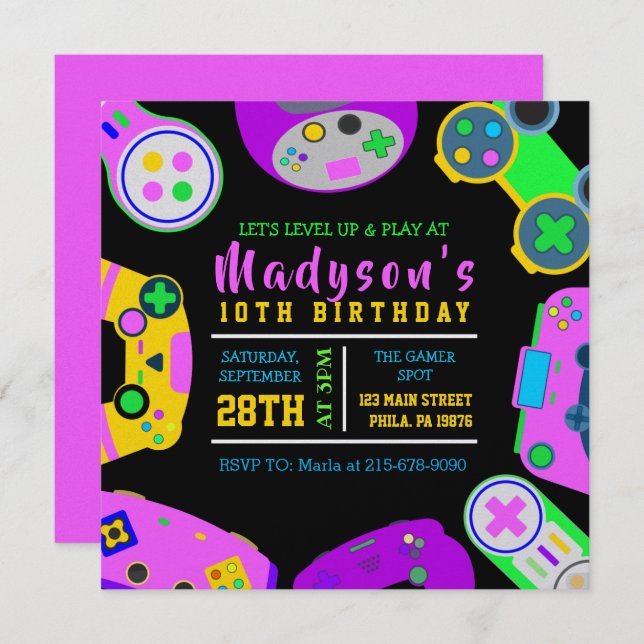 VIDÉO JEU JEU Fille Anniversaire Fête Invitation (Devant / Derrière)