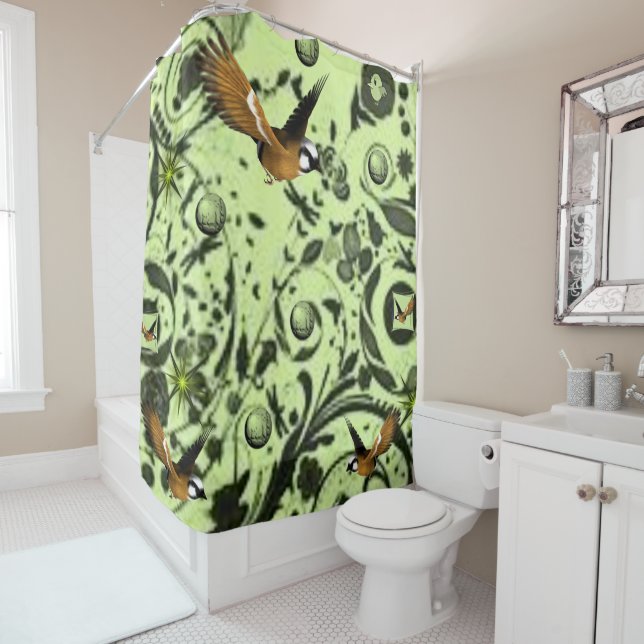 Vie d'oiseaux rideau de douche vert (En situation)