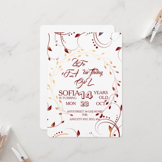 Vie d'un anniversaire, Invitation Fille Numérique, (Devant/Arrière en situation)