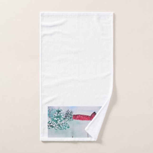 Vieille grange rouge en neige (Serviette à main)